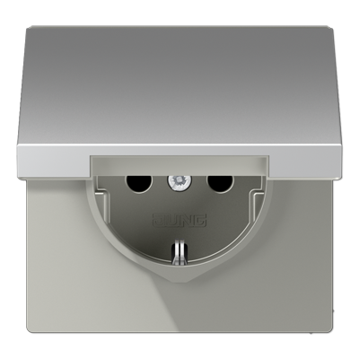 Штепсельная розетка SCHUKO 16А / 250В с подпружиненной откидной крышкой, пружинные зажимы, возможно IP44; металл; алюминий; Aluminium, AL1520KL