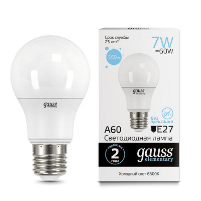 Лампа Gauss Elementary A60 7W 560lm 6500K E27 LED 1/10/100, 23237A