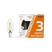 Лампа Gauss Basic Filament Свеча 5,5W 510lm 2700К Е14 LED (3 лампы в упаковке) 1/20, 1031116T