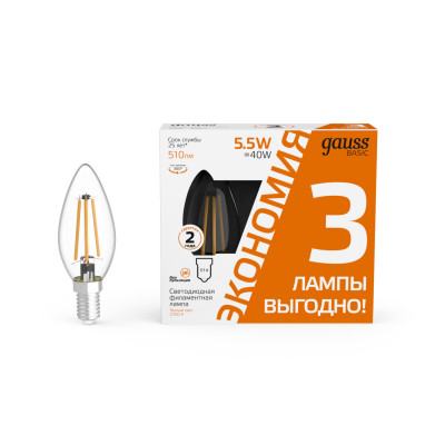 Лампа Gauss Basic Filament Свеча 5,5W 510lm 2700К Е14 LED (3 лампы в упаковке) 1/20, 1031116T