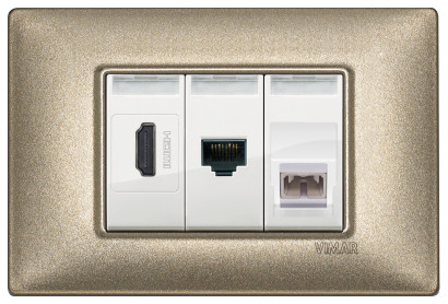 Блок розеток - компьютерная, HDMI, телефонная, вставка - белый, рамка - бронза, серия Plana