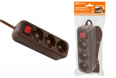 Удлинитель бытовой  У03В выключатель, 3 гнезда, 3метра,2П+3, ПВС 3х1мм2 "Эко" (бук) 16А/250В TDM Electric, SQ1303-3101