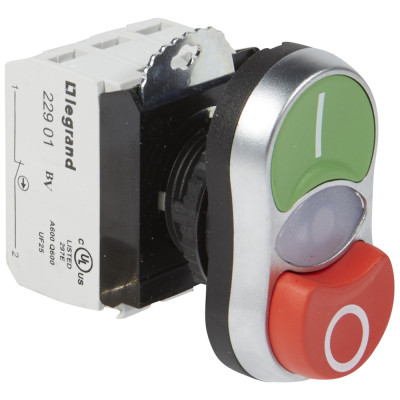 Legrand Кнопка двойная с потайн./выступ. ''I - O'' толкателями ? 22,3 - Osmoz - в сборе - с подсветкой - зеленый/красный - 24 В~/=, 023765