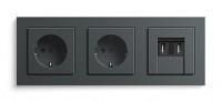 Gira Блок на 3 поста: Розетка 2к+з, Розетка 2к+з, USB зарядное устройство, матовый антрацит,  серия E2