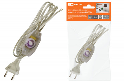 Шнур с плоской вилкой и светорегулятором ШУ05С4 (200Вт, RL) ШВВП 2х0,75мм2 2м. прозрачный TDM Electric, SQ1305-0054