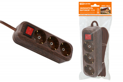 Удлинитель бытовой  У03В выключатель, 3 гнезда, 5метров,2П+3, ПВС 3х1мм2 "Эко" (бук) 16А/250В TDM Electric, SQ1303-3102