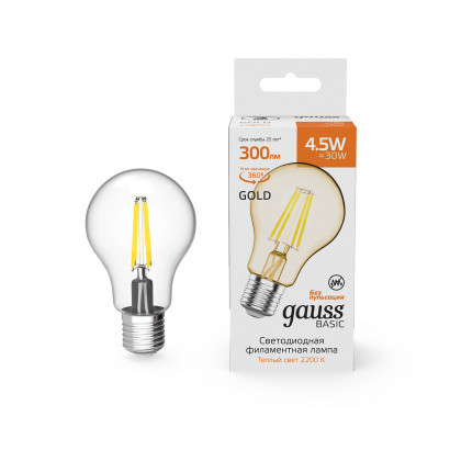Лампа Gauss Basic Filament А60 4,5W 300lm 2200К Е27 golden LED 1/10/40, 1021245
