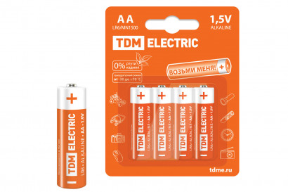 Элементы питания LR6 AA Alkaline 1,5V BP-4 TDM Electric, SQ1702-0003