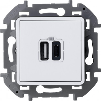 Зарядное устройство Legrand Inspiria для скрытого монтажа , тип А-тип С, цвет "Белый". Напряжение ~240В/=5В, максимальный зарядный ток 3000 мА