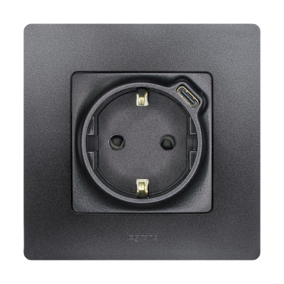 Legrand Розетка с заземлением с USB тип C - Legrand Etika - со шторками 16А 250В 1500мА 7,5Вт безвинтовые зажимы - антрацит, 672688