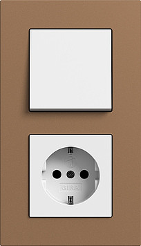 Gira Блок: Выключатель 1-клавишный с розеткой 2к+з, глянцевый белый - Светло-коричневый, серия Esprit Esprit Linoleum-MPx