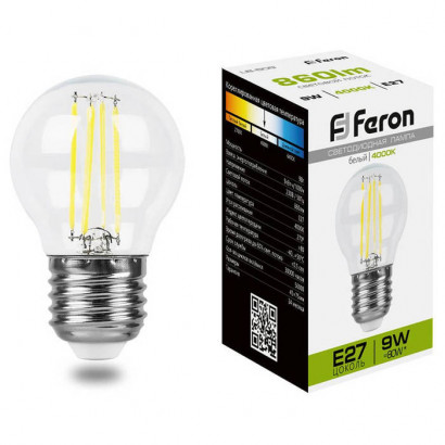 Лампа светодиодная, (9W) 230V E27 4000K прозрачная, LB-509, Feron 38004