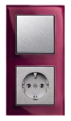 Блок: Выключатель 1-клавишный с розеткой 2к+з, вставка - алюминий,   рамка стекло цвет рубин, серия M-Elegance