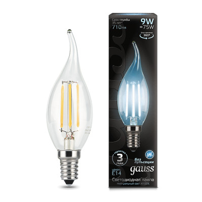 Лампа Gauss Filament Свеча на ветру 9W 710lm 4100К Е14 LED 1/10/50, 104801209