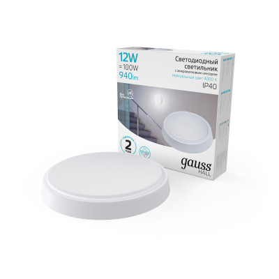 Св-к светодиодный Gauss IP40 D135*32 12W 940lm 4000K 200-240V HALL круглый с оптико-микроволновым сенс 1/40, 193411212-S