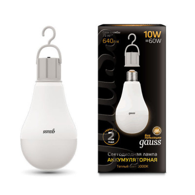Лампа Gauss A60 10W 640lm 3000K E27 с Li-Ion аккумулятором LED 1/10/60, 102402100