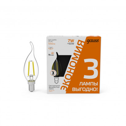 Лампа Gauss Filament Свеча на ветру 7W 550lm 2700К Е14 LED (3 лампы в упаковке) 1/20, 104901107T