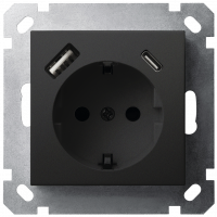 Розетка SHUKO© с USB A+C с защитными шторками 16A 250V~ 2P+T USB 25W, цвет черный матовый (soft touch), G5501USB-25PB, Jasmart Electric