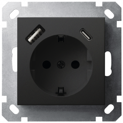 Розетка SHUKO© с USB A+C с защитными шторками 16A 250V~ 2P+T USB 25W, цвет черный матовый (soft touch), G5501USB-25PB, Jasmart Electric