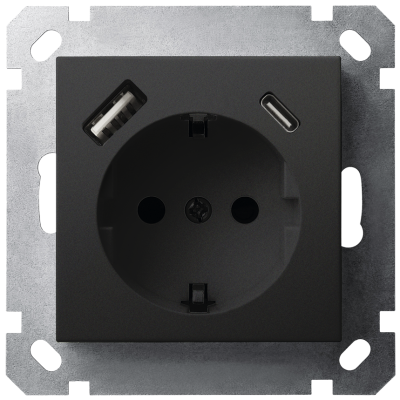 Розетка SHUKO© с USB A+C с защитными шторками 16A 250V~ 2P+T USB 25W, цвет черный матовый (soft touch), G5501USB-25PB, Jasmart Electric