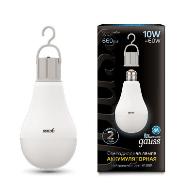 Лампа Gauss A60 10W 660lm 4100K E27 с Li-Ion аккумулятором LED 1/10/60, 102402200
