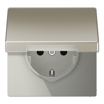 Штепсельная розетка SCHUKO 16А / 250В с подпружиненной откидной крышкой, пружинные зажимы, возможно IP44; металл; нержавеющая сталь; Edelstahl, ES1520KL