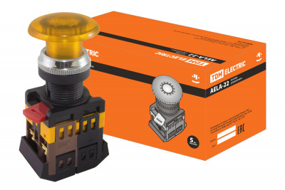 Кнопка AELA-22 "Грибок" желтый d22мм неон/230В 1з+1р TDM Electric, SQ0704-0034