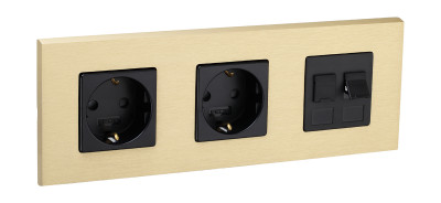 Fede Блок на 3 поста: розетка 2к+з, розетка 2к+з, компьютерная розетка, цвет черный - BRUSHED Brass, серия Soho