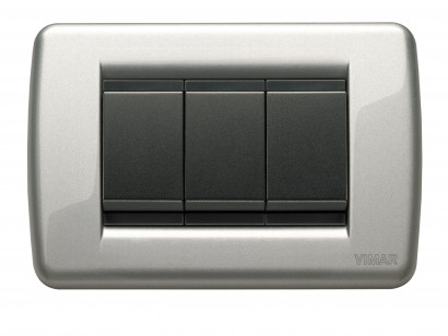 Выключатель 3-х клавишный, вставка - серый, рамка - серебрянный металлик , серия Idea