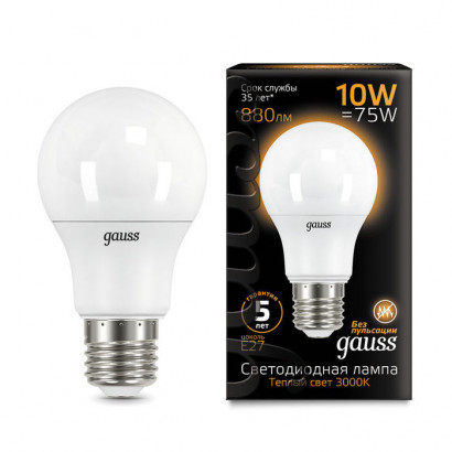 Лампа Gauss A60 10W 880lm 3000K E27 LED 1/10/50, 102502110