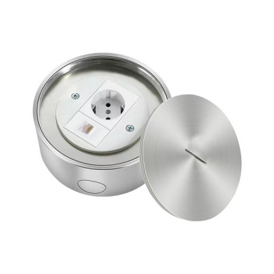 Люк напольный на 1,5 модуля, влагостойкий, IP66, с розеткой 220В и RJ45, металлический, круглый, h=50мм d=125мм, крышка сплошная, TIMIUX, нержавеющая сталь, EU1M1H50D125-IP66 ST