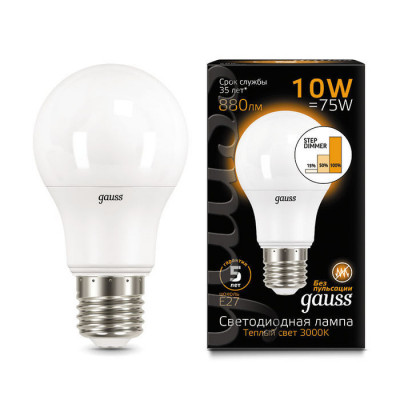 Лампа Gauss A60 10W 880lm 3000K E27 шаг. диммирование LED 1/10/50, 102502110-S