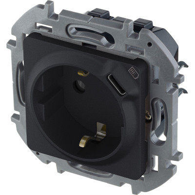 Legrand Розетка с заземлением с USB тип C - Legrand Inspiria - со шторками 16А 250В 1500мА 5В безвинтовые зажимы - антрацит, 673773