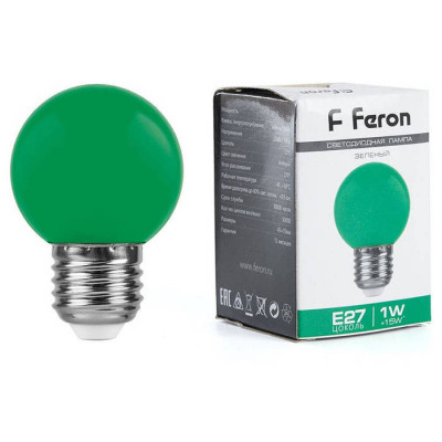 Лампа светодиодная, (1W) 230V E27 зеленый G45, LB-37, Feron 25117