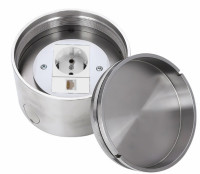 Люк напольный на 1,5 модуля, влагостойкий, IP66, с розеткой 220В и RJ45, металлический, круглый, h=70мм d=126мм, крышка с углублением 21мм, TIMIUX, нержавеющая сталь, EU1M1H70D126U-IP66 ST