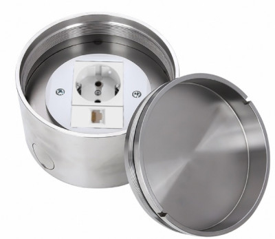 Люк напольный на 1,5 модуля, влагостойкий, IP66, с розеткой 220В и RJ45, металлический, круглый, h=70мм d=126мм, крышка с углублением 21мм, TIMIUX, нержавеющая сталь, EU1M1H70D126U-IP66 ST