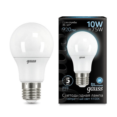 Лампа Gauss A60 10W 920lm 4100K E27 LED 1/10/50, 102502210