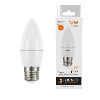 Лампа Gauss Elementary Свеча 12W 950lm 3000K E27 LED 1/10/100, 30212