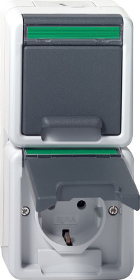 Двойная розетка с з/к IP44. вертикальный блок с полем для надписи. устойчивая к парам аммиака