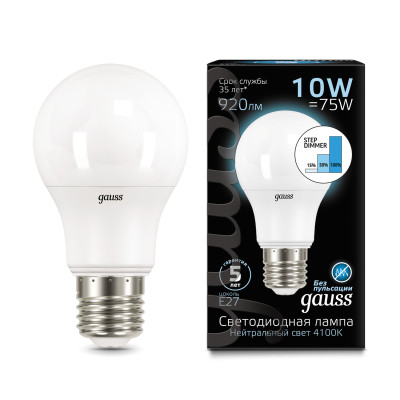 Лампа Gauss A60 10W 920lm 4100K E27 шаг. диммирование LED 1/10/50, 102502210-S