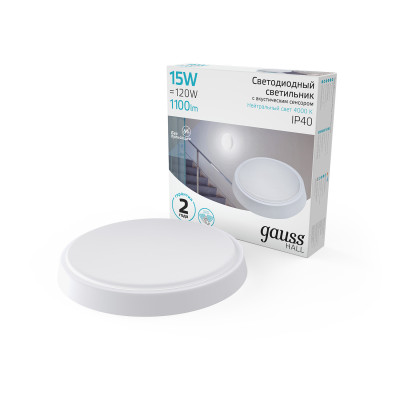 Св-к светодиодный Gauss IP40 D155*33 15W 1100lm 4000K 200-240V HALL кругл с оптико-акустическим сенсором 1/40, 193411215-OAS
