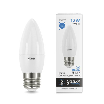 Лампа Gauss Elementary Свеча 12W 950lm 6500K E27 LED 1/10/100, 30232