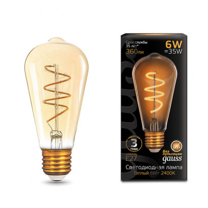 Лампа Gauss Filament ST64 6W 360lm 2400К Е27 golden flexible LED 1/10/40, 157802006