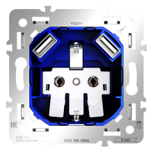 Механизм розетки с заземлением и защитными шторками 16А, с USB A+A, S70, VLS0404M