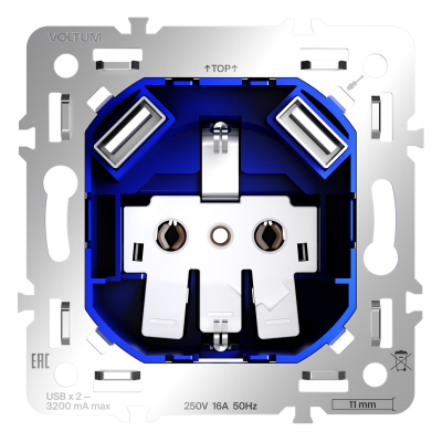 Механизм розетки с заземлением и защитными шторками 16А, с USB A+A, S70, VLS0404M