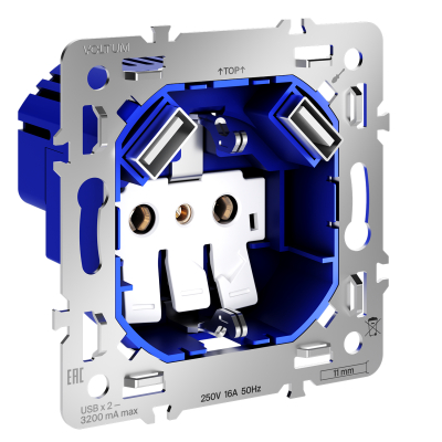 Механизм розетки с заземлением и защитными шторками 16А, с USB A+A, S70, VLS0404M