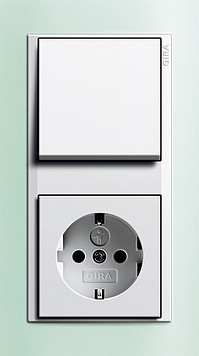 Gira Блок: Выключатель 1-клавишный с розеткой 2к+з, глянцевый белый - салатовый, серия Event Opaque