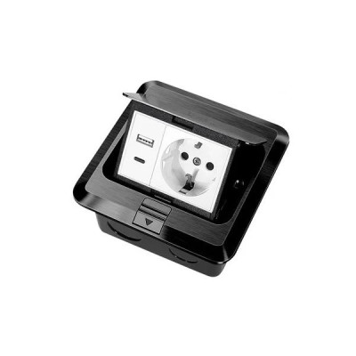 Выдвижная напольная розетка (люк/лючок) на 1,5 модуля, h=55мм, в комплекте с монт. коробкой, TIMIUX, черный, EU1.5H55PUFS BL