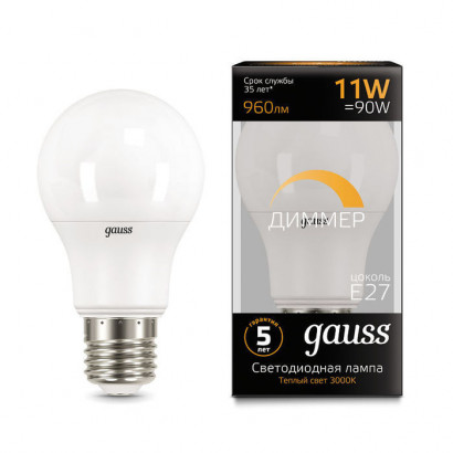 Лампа Gauss A60 11W 960lm 3000К E27 диммируемая LED 1/10/50, 102502111-D