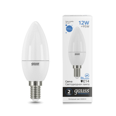 Лампа Gauss Elementary Свеча 12W 950lm 6500K Е14 LED 1/10/100, 33132